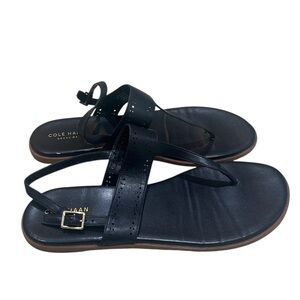 Cole Haan Black Leather laser cut holes flat toe Sandals gold buckle size 10B